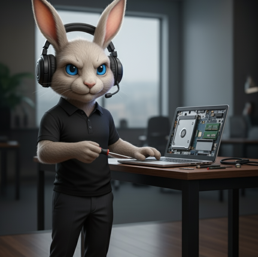 Lapin technicien en train de réparer un ordinateur